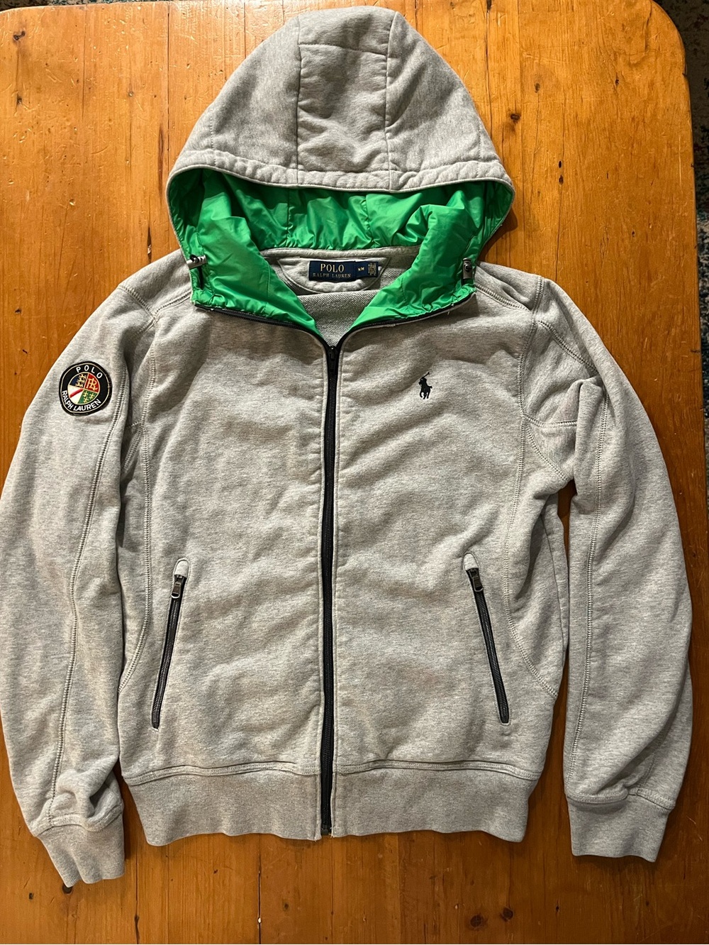 Polo Ralph Lauren Men’s Gray Cotton/Poly Full Zip Hoodie with Green Hood Lining